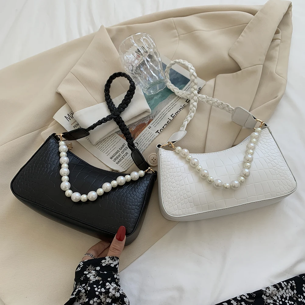 

Girls Brief Women's Casual Bags Fashion Ladies Alligator Pattern Pearl Shoulder Underarm Bag Women PU Pearl Chain Small Handbags