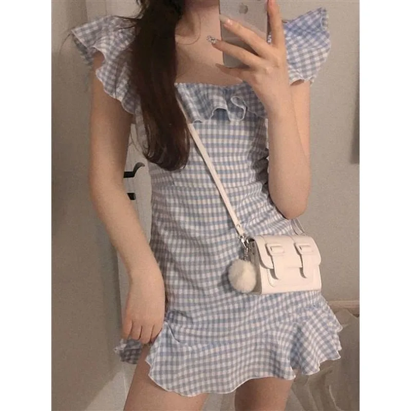 

Summer Femme Trumpet Vestidos Ruffles Party Club Sundress Women Fresh Korean Plaid Sexy Off Shoulder Dress Empire Simple Ladies