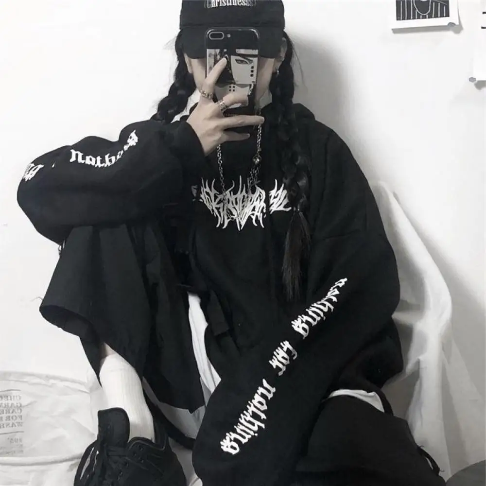 

FAKUNTN Women Loose Streetwear Black Sweatshirt Knitted Hooded Sexy Print Hoodies Fashion Pullovers Long Hoodie Women Tops