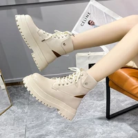black beige leather ankle boots women 2021 autumn winter chunky heels lace up motorcycle booties goth platform combat boots