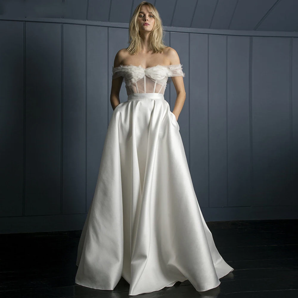 

Sexy Sweetheart Wedding Dresses A-Line Sleeveless Off the Shoulder Pleat Pockets Appliques 2021 Bride Gowns Vestido De Noiva