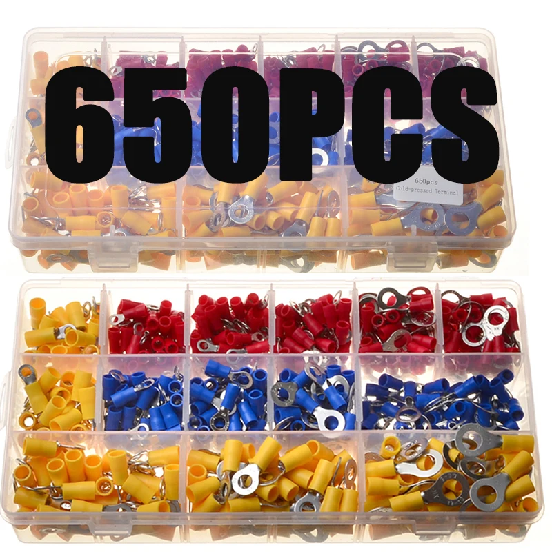 650 шт., изолированные клеммы для кабелей, красный/синий/желтый