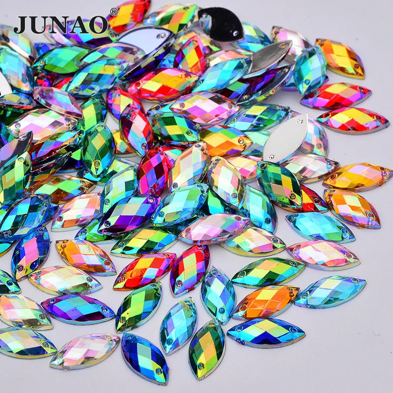 

JUNAO 100pcs 7*15mm Horse Eye Sew On Rhinestones Flatback Colorful AB Crystal Acrylic Strass Sewing Stones for Needlework Craft