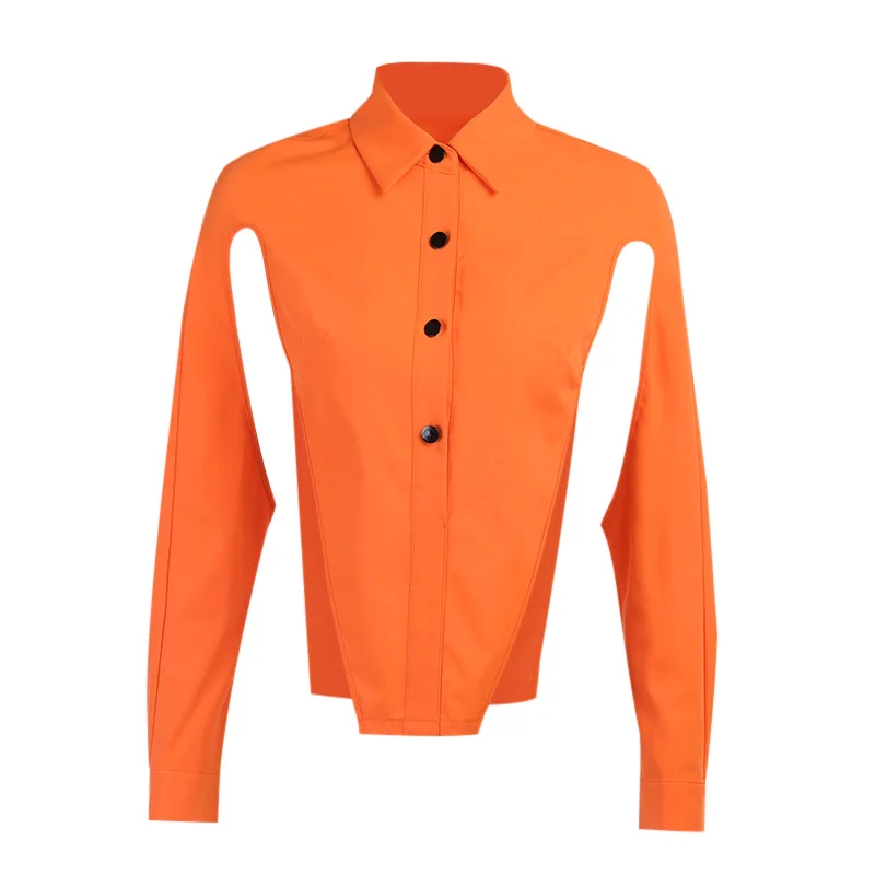 

WannaThis Hollow Out Long Sleeve Button Turn-down Collar Women's T-shirts Sexy Tops Fashion Female Clothing Elegant Streetwear
