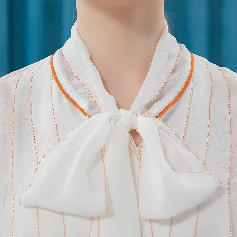 Online VOA 12 Mt/mt Silk Georgette Bogen Schwimm Blei Reine Weiße Lange Hülse Seide Orange Rand Damen Hemd BE317 Frauen Mode Kleidung