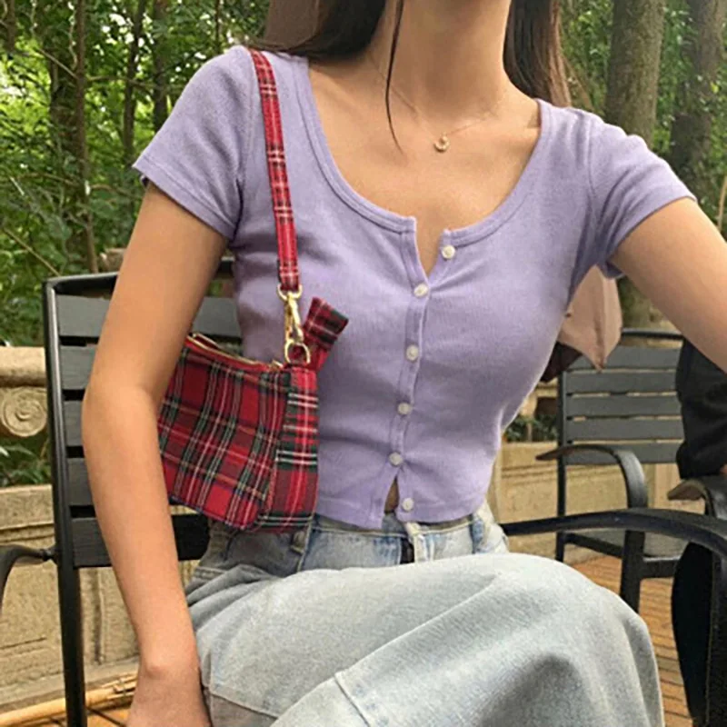 Женская трикотажная футболка с пуговицами Froidol Harajuku летняя тонкая укороченная