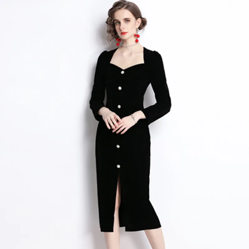 

Женское Бархатное облегающее платье, модельное однобортное платье с V-образным вырезом, пуговицами и бисером, модное платье с длинным рукав...