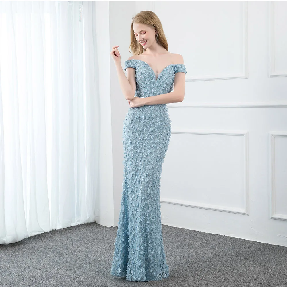 Красивое небесно-голубое длинное платье для выпускного вечера сексуальное