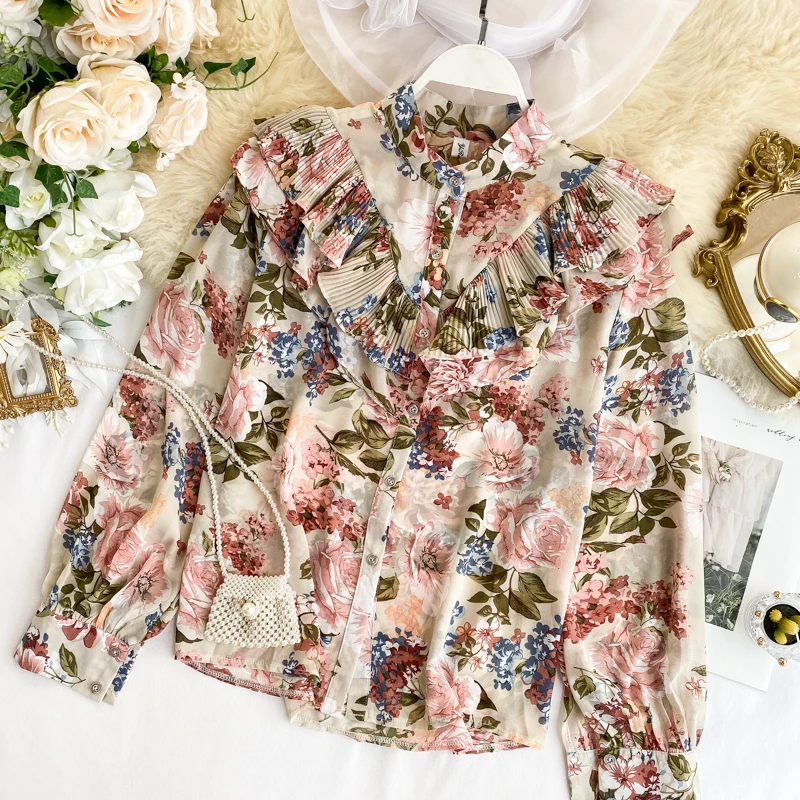 SINGRAIN Высокое качество Женские винтажные блузки с рукавами-фонариками шифоновые