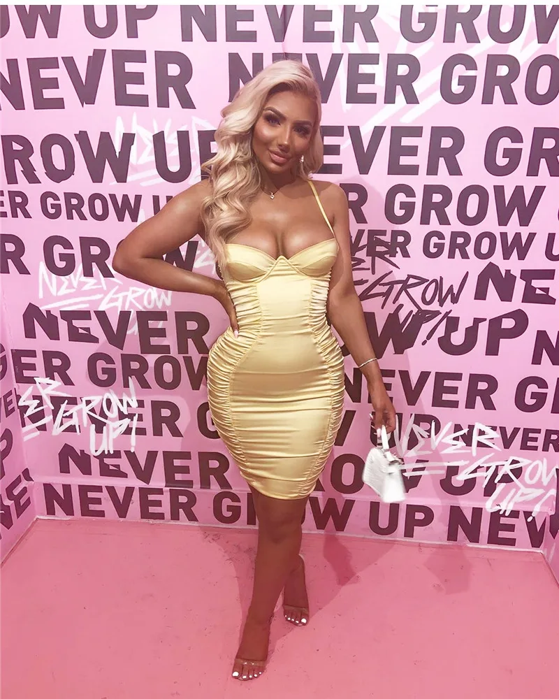 Мода блестящие Ruched Bodycon Вечерние Платье для ночного клуба Сатиновые туфли с ремешком мини платье Для женщин Vestidos сексуальный пуш-ап в обтяжку женская одежда