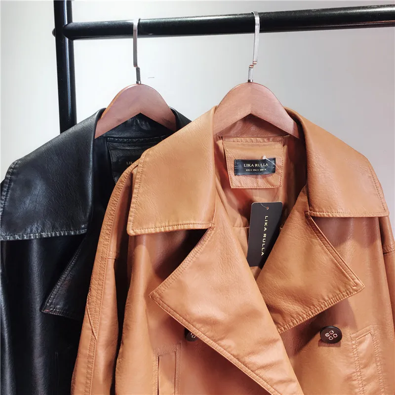 Женская кожаная куртка с отложным воротником простая Свободная рукавами летучая