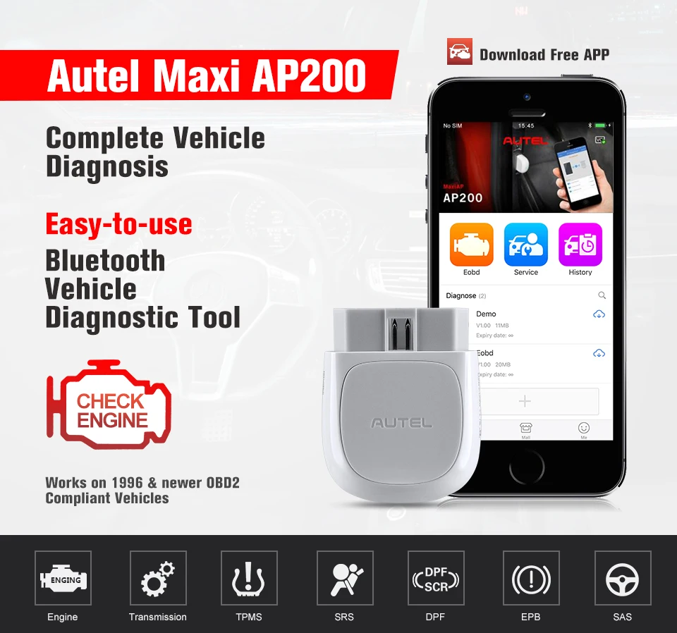 Autel AP200 OBD2 Scanner Bluetooth-compatible TPMS Code Reader Full System Diagnostic Automotive Scan Tool More Service Function |