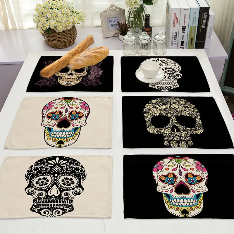 

1Pcs Skull Pattern Placemat Dining Table Mats Drink Coasters Cotton Linen Pads Cup Mats 42*32cm Kitchen Accessories MC0026
