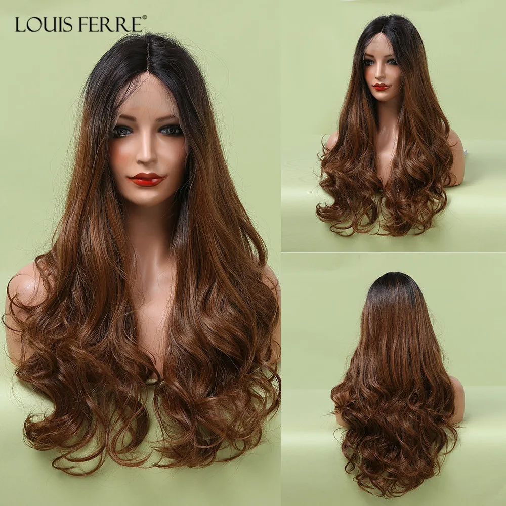 

LOUIS FERRE 13*1 T Part Lace Long Natural Wave Wigs Middle Part Ombre Black Brown Synthetic High Temperature Wig for White Women