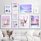 Зимний снег лес олень лиса Природные Пейзажи Настенная живопись холст скандинавские постеры и принты настенные картинки для декора гостиной