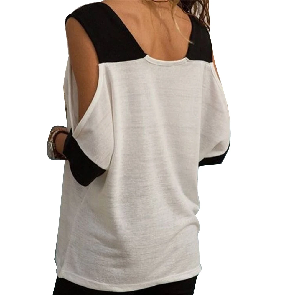 Женская модная футболка контрастных цветов с открытыми плечами и v образным