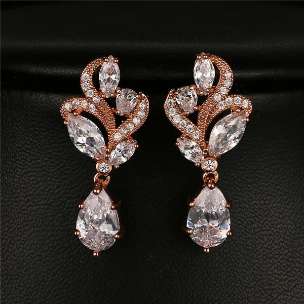 Rose Gold Роскошные женские милые серьги-гвоздики в виде листьев, Двойные серьги из циркония для невесты, модное серебряное обручальное кольцо из розового золота, серьги - Окраска металла: Rose Gold