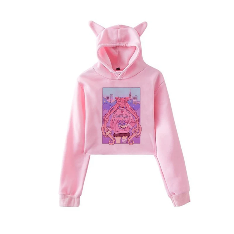 Сейлор Мун Харадзюку Толстовка корейский стиль ulzzang kawaii 90s мультфильм одежда пуловеры новые негабаритные с капюшоном уличная