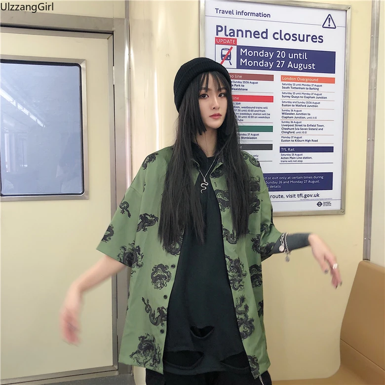 Harajuku/Модная уличная Корейская женская блузка с принтом дракона, коротким рукавом, пуговицами и отложным воротником, топ, рубашка, Винтажная футболка с готическим рисунком