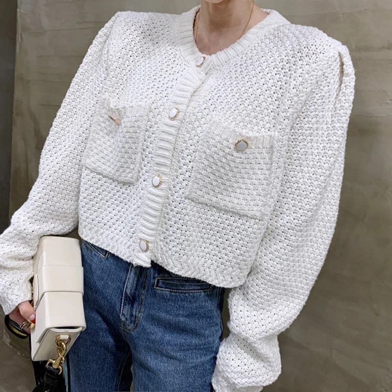 

GALCAUR Korean Fashion Cardigan For Women Round Collar Long Sleeve Minimalist Solid Sweater Female Clothes 2021 Autumn New Style