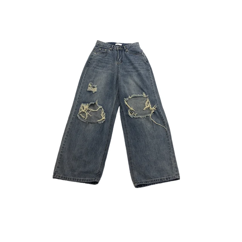 

Beggar's hole jeans women's summer 2020 retro Hong Kong Style loose straight pants show thin and versatile wide leg daddy pants
