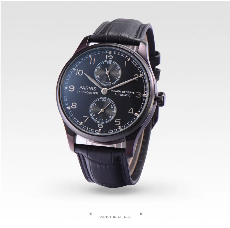 Parnis 43mm Silver Case Automatic Mechanical Men's Watch Power Reserve Black Leather Strap Men Watches heren horloge Luxury
