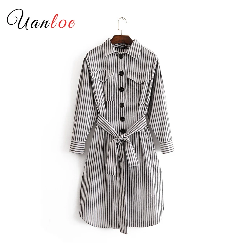 Женские базовые полосатые платья с карманами галстуком-бабочкой Длинный рукав