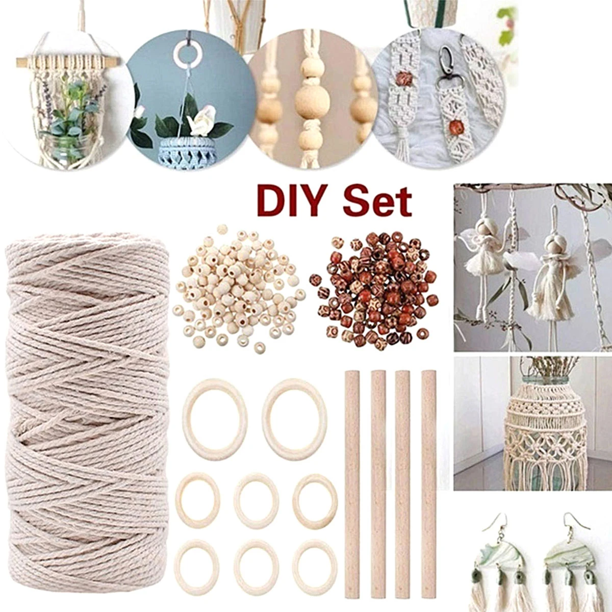 

Macrame Cotton Rope Set Cord For Handmade Natural Beige Cords Contains Wooden Beads And Sticks DIY Home Wedding Accessories Gift