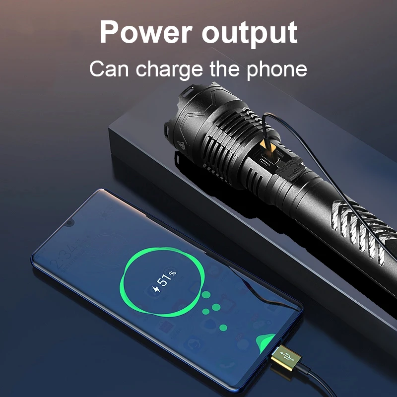 구매 50000LM LED XHP160 강력한 손전등 USB 충전 18650 플래시 라이트 전술 줌 방수 캠프 랜턴 사냥 낚시 토치