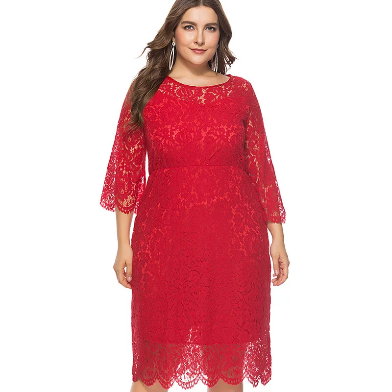 Кружевное платье Miaoke красное средней длины большого размера женская одежда 2018