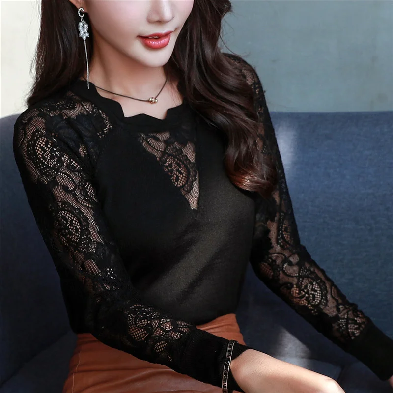 Женский тонкий вязаный свитер модная пикантная блузка с длинным рукавом ажурная