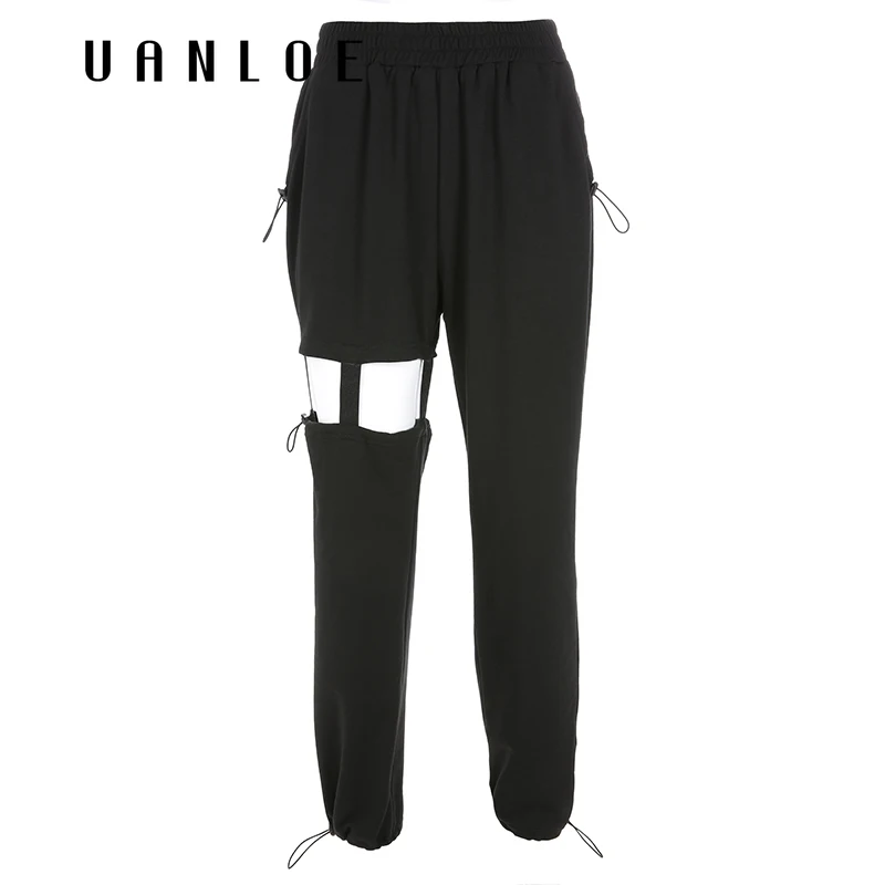 

Black Hollow Out High Waist Pants Women Elastic Waist Streetwear Trousers Women Fashion Loose Pencil Pants Sweatpants