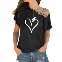 interesting vegan heart printing t shirt women pure cotton irregular skew cross bandage tops tee