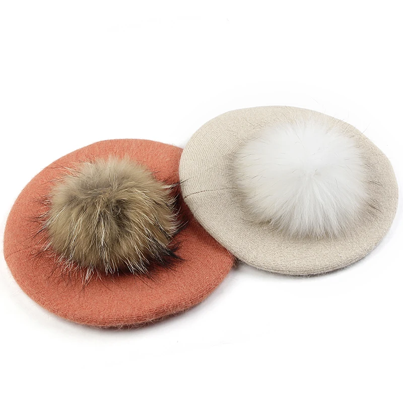 Geebro женский шерстяной берет легкий женская шапка с помпоном из меха енота ретро