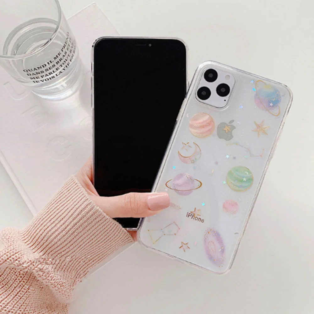 Мягкий ТПУ чехол для телефона Apple iPhone 8 7 6 6S Plus X XR XS 11 pro MAX SE 2020 блестящая задняя