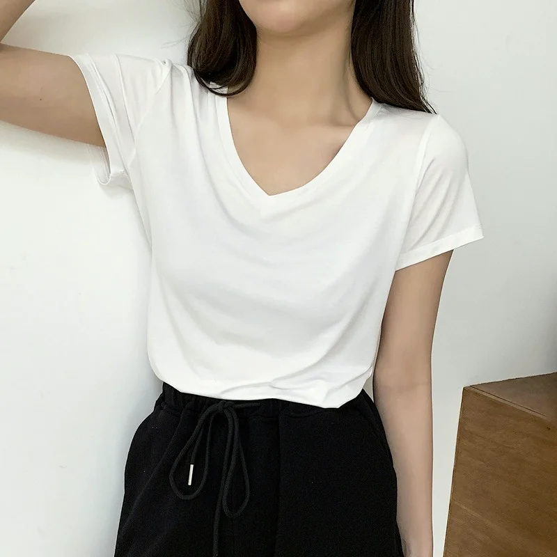 

2021 New Slim Fit Short Sleeve T-shirt Women's Solid Base Shirt Summer V-neck Top Tee