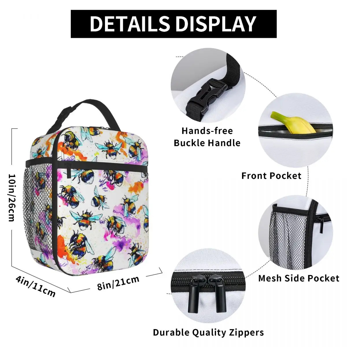 

Watercolor Bee Lunch Bag for Women Men Large Insulated Lunch Box with Water Bottle Holder and Pockets
