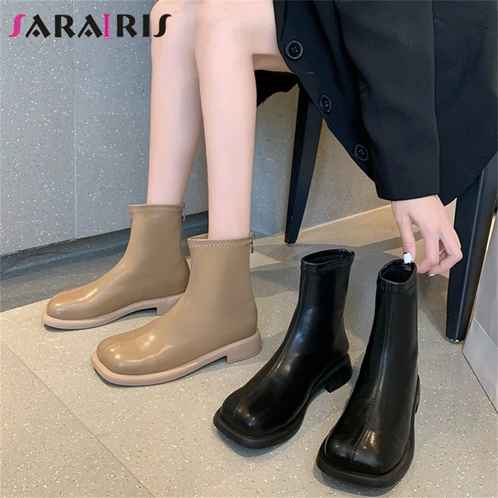 

SARAIRIS 2021 New Designer Fashion Trandy Ankle Boots Women Square Toe Chunky Low Heels Concise Ankle Booties Casual Lady Shoes