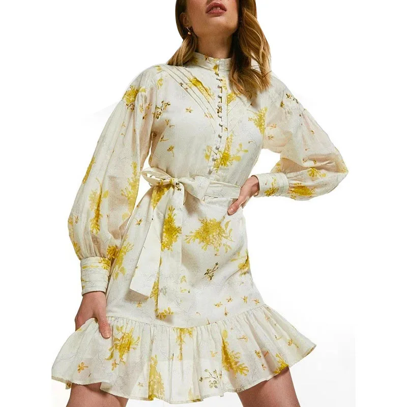 Женское платье с оборками на ягодицах, летнее однобортное мини-платье со стоячим воротником и принтом на шнуровке, женское платье Donsignet, 2021