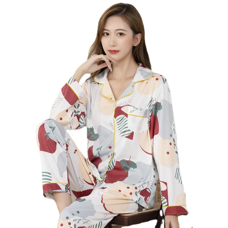 Autumn and Winter Cotton Ladies Pajamas Lapel Cardigan Long-sleeved Trousers Two-piece Casual Loose Fashion Home Service
