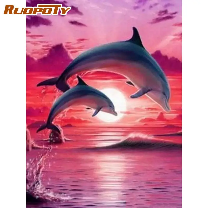 

RUOPOTY Dolphin On Ocean Landscape Painting By Numbers Kits For Adults Diy Framed HandPainted Diy Paintd Home Decor Artwork