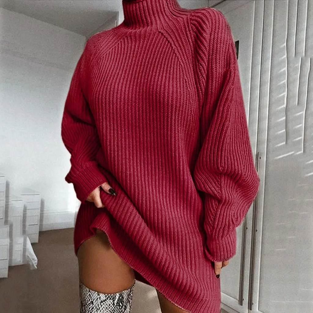 

2021 Bohemian Sweater Dress Women's Winter Warm Batwing Long Sleeve Loose Crocheted Fit Knit Turtleneck Sweater Tops Pullover