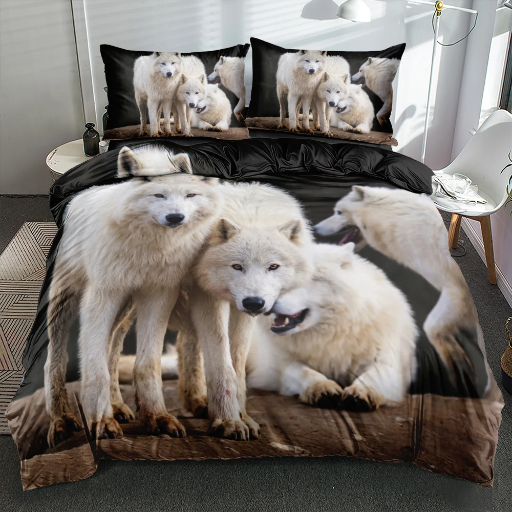 

3D Bedding Sets Queen Quilt/Comforter Covers and Pillowcases 3-Piece 3D Animal Wolf Bedspreads