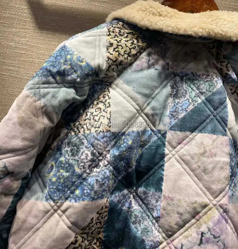 

2021FW Blue Mixed Print Qulit Padded Coat Lapel Collar Double Breasted Drop Shoulder Oversized Coats