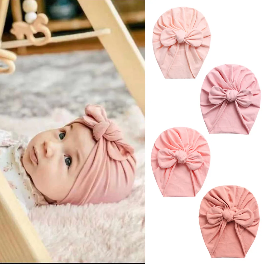1PC New Solid Cotton Turban Baby Bonnet Beanies Newborn Hat Boys Girls Top Knotted Head Wraps Infant Bunny Ear Caps Kid Headwear