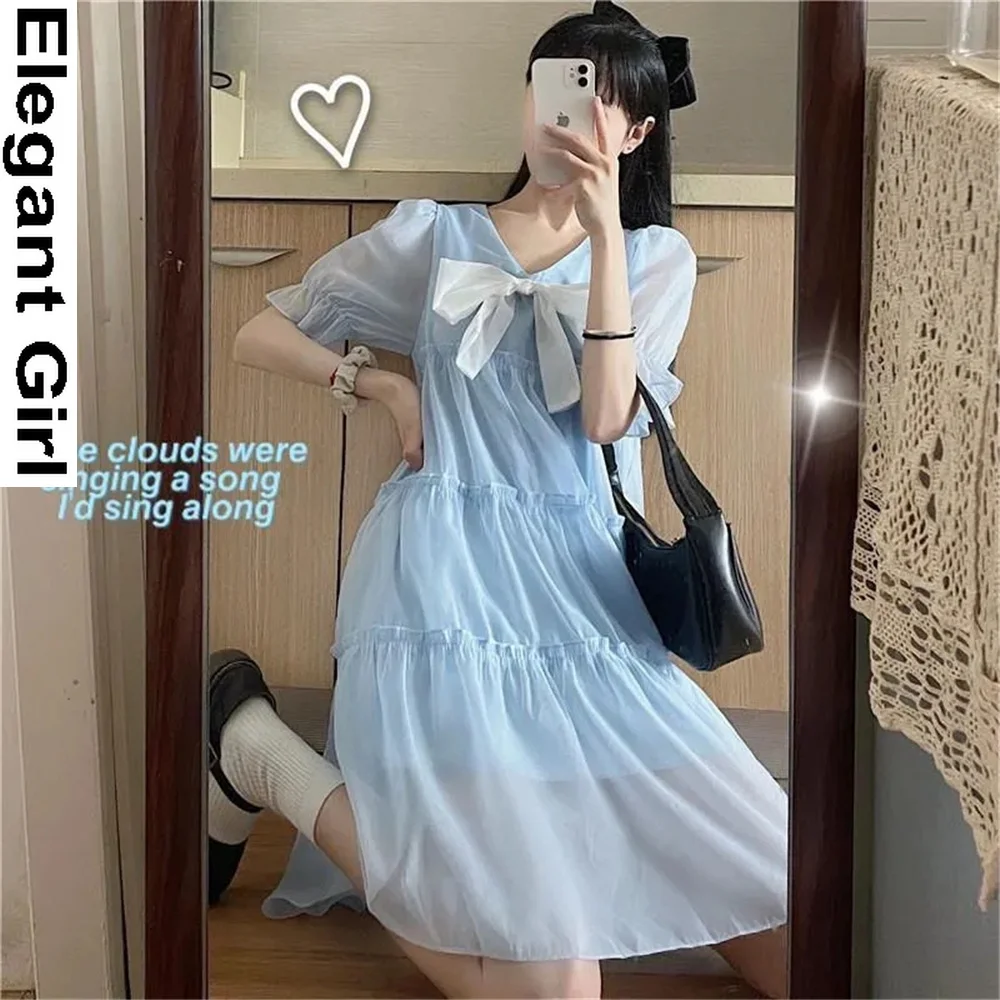 

Preppry Style Blue Fairy Dress Elegant Vintage Sweet Bow Mori Girl V-Neck Summer Puff Short Sleeves Plus Size Loose Clothing