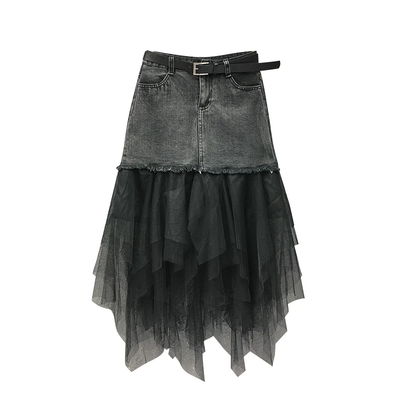 

Women black denim tiered layered skirt Patchwork Skirts zipper fly A-line Veil