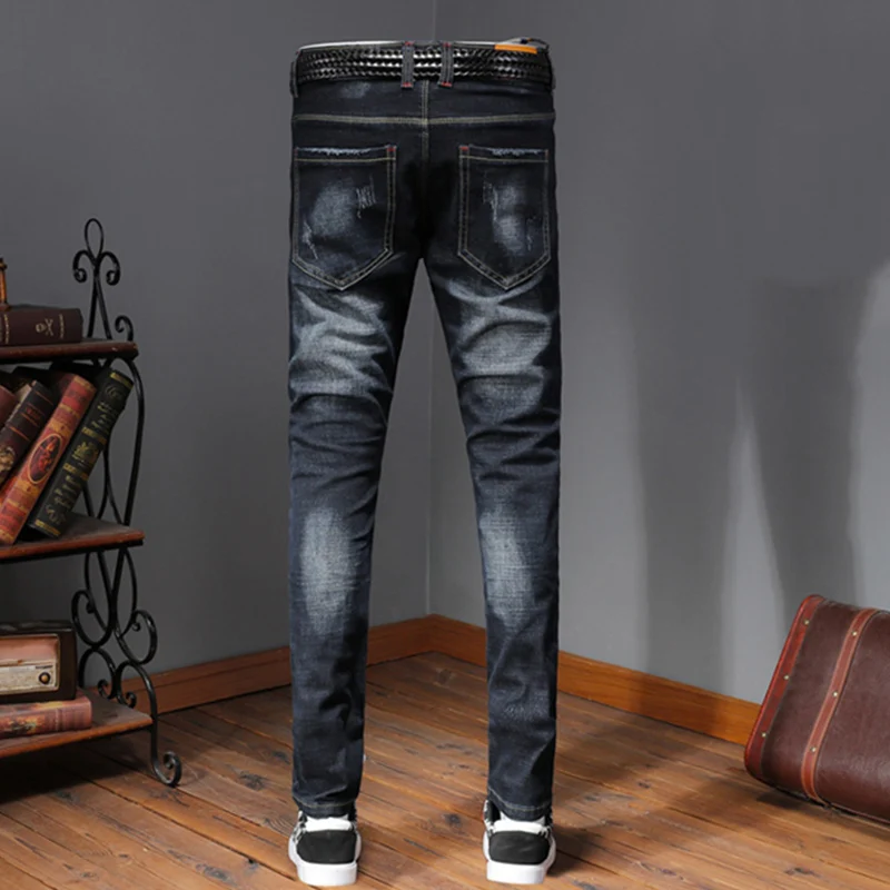 

Chinese Style Dragon & Tiger Embroidery Men Slim Elastic Jeans Floral Denim Pencil Pants Garment Washed Vintage Jeans