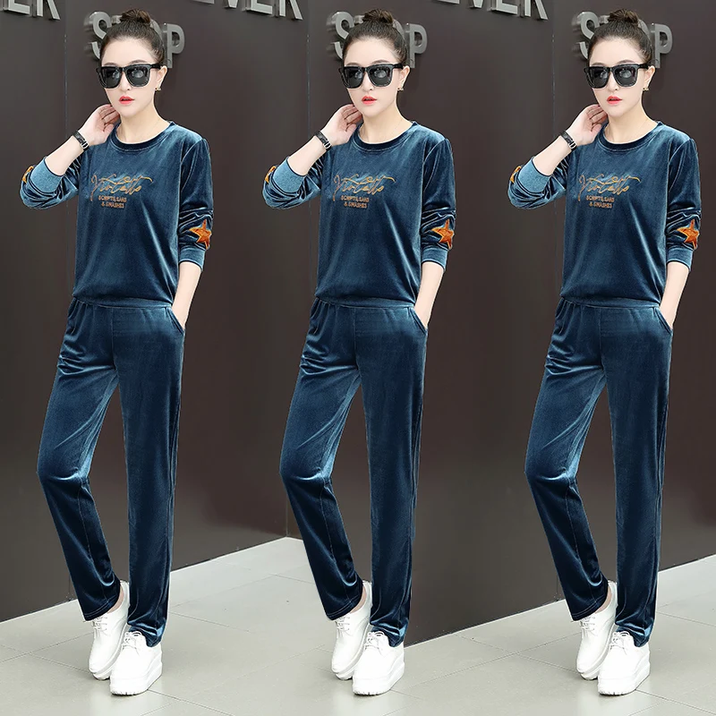 Бархатный спортивный костюм для женщин 2019 зимний женский большой размер