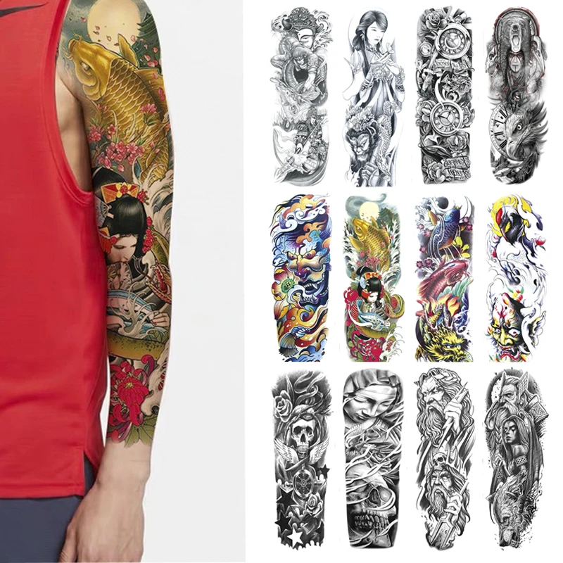 

Full Arm Body Tattoo Sticker Tribal Warrior Skull Totem For Women Fish Waterproof Tattoo Stickers body Arm stockings cool men